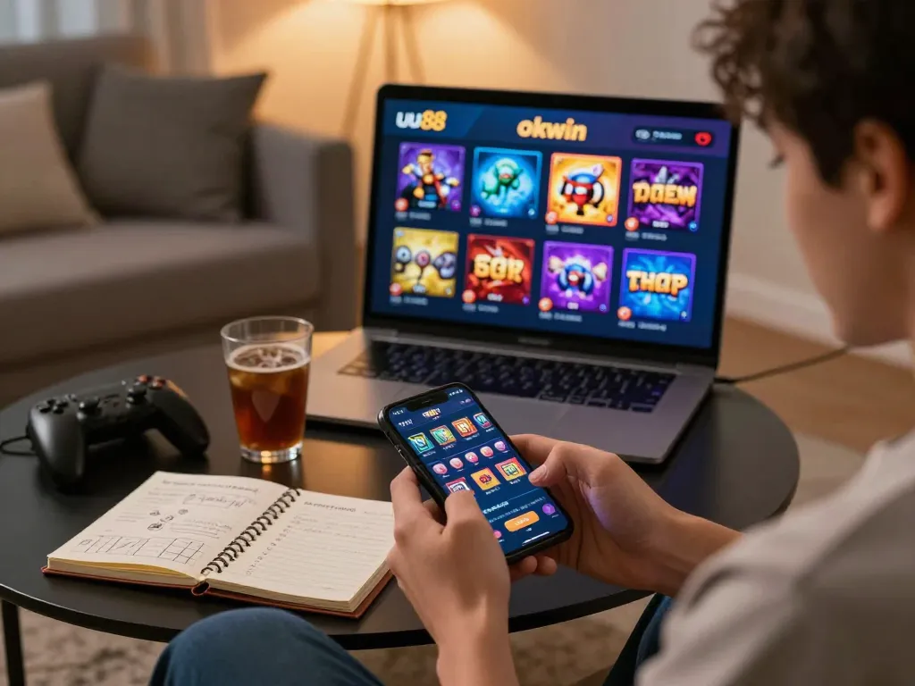 Engaging in the uu88 okwin mobile casino app with a smartphone in a cozy living room setting.
