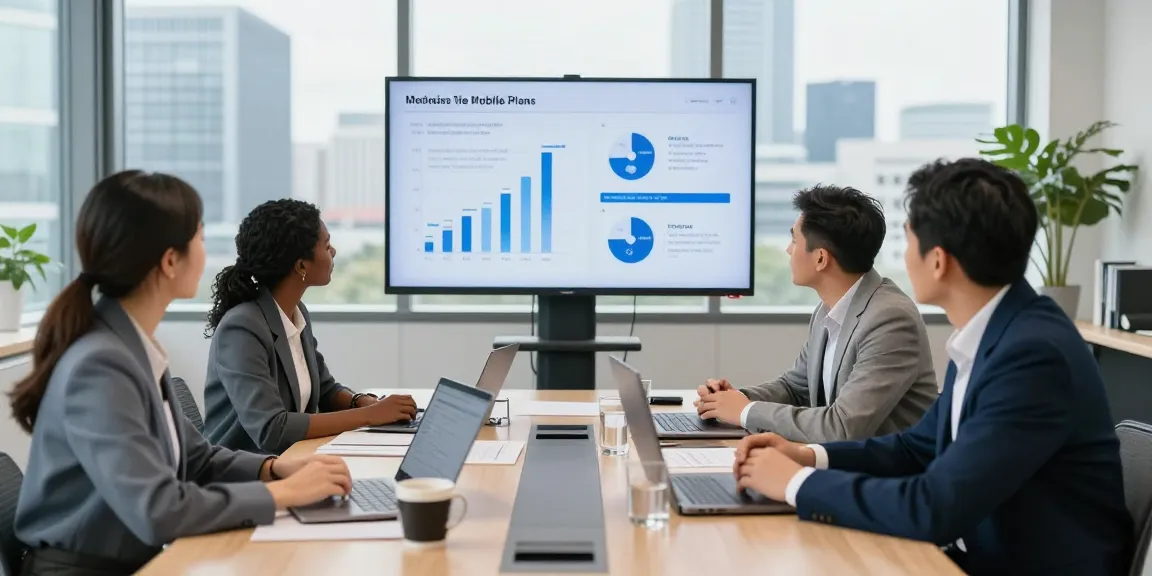 Team discussing strategies to compare business mobile deals UK in a modern office.
