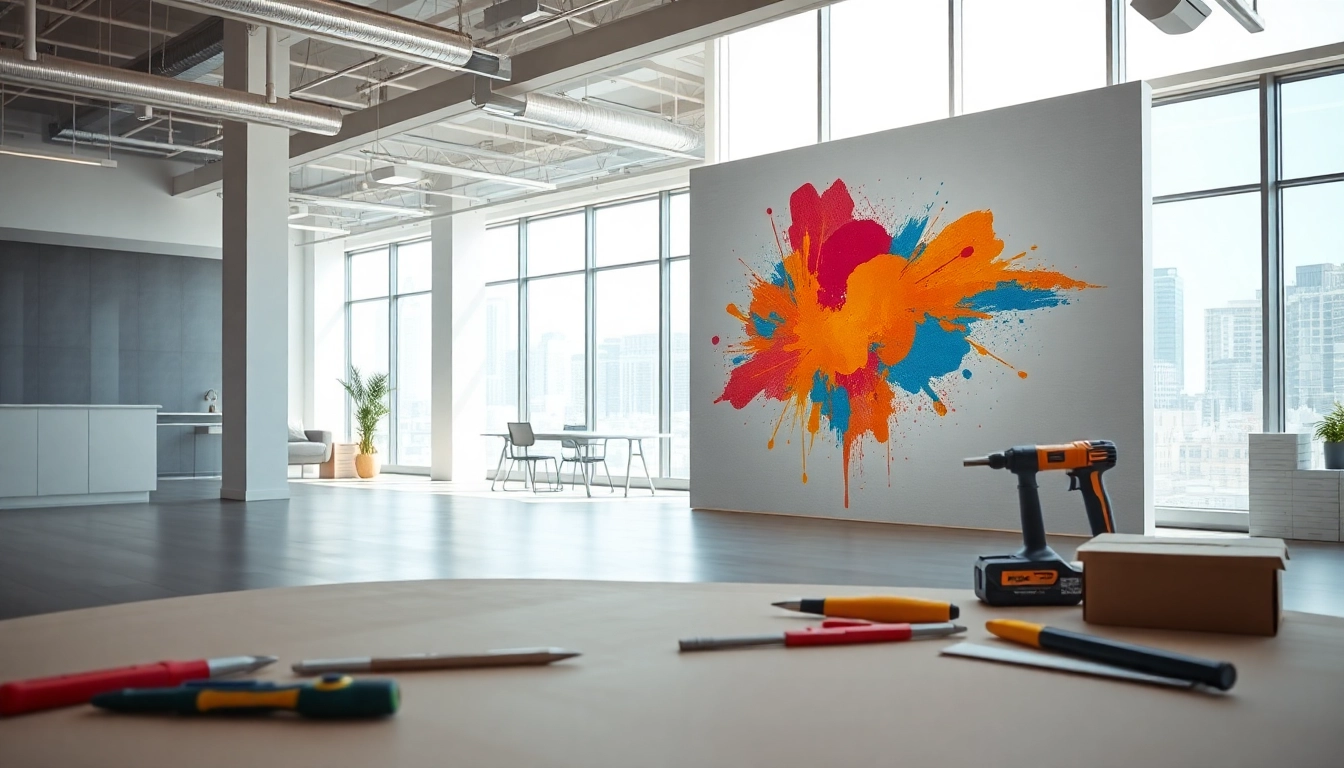 Install interior wall board in a modern office, showcasing tools and vibrant art.
