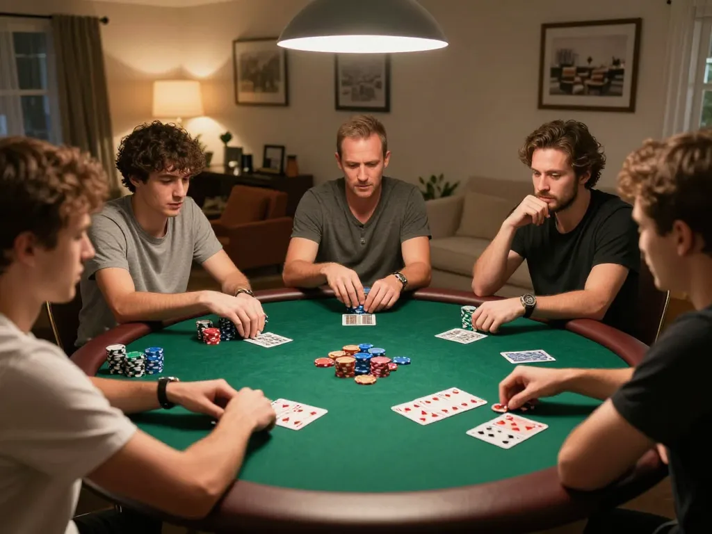 Friends playing poker at home, showcasing a lively game night with engaging strategies. 678vip enhances the social gambling experience.