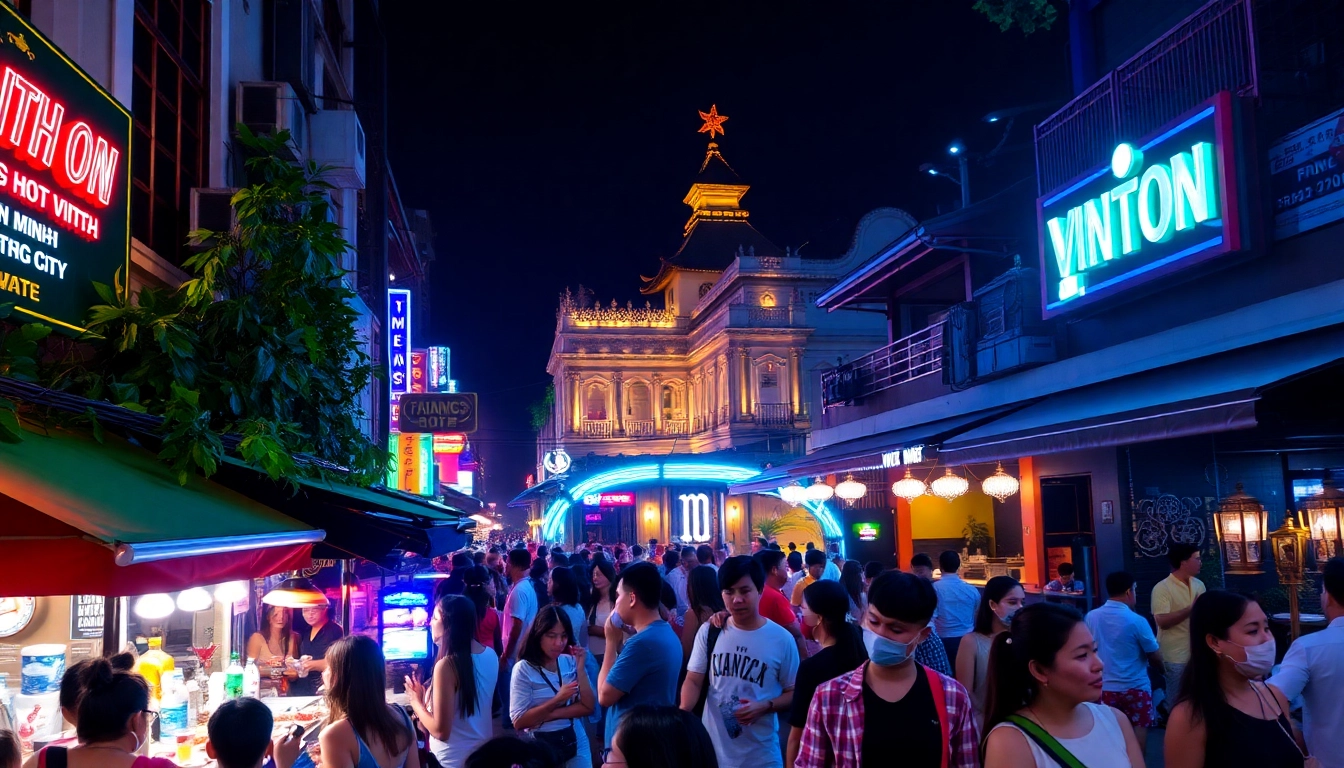 Experience the excitement of 베트남밤문화 in a vibrant street scene filled with lively nightlife.
