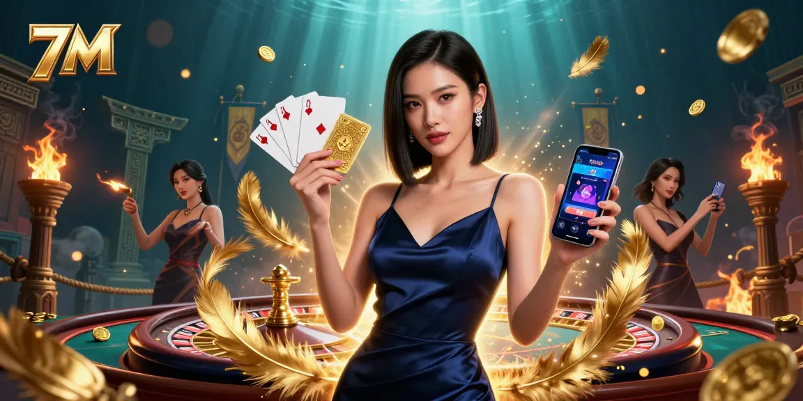 7M offers high-speed sports betting statistics with a stunning Asian woman presenting a casino app.