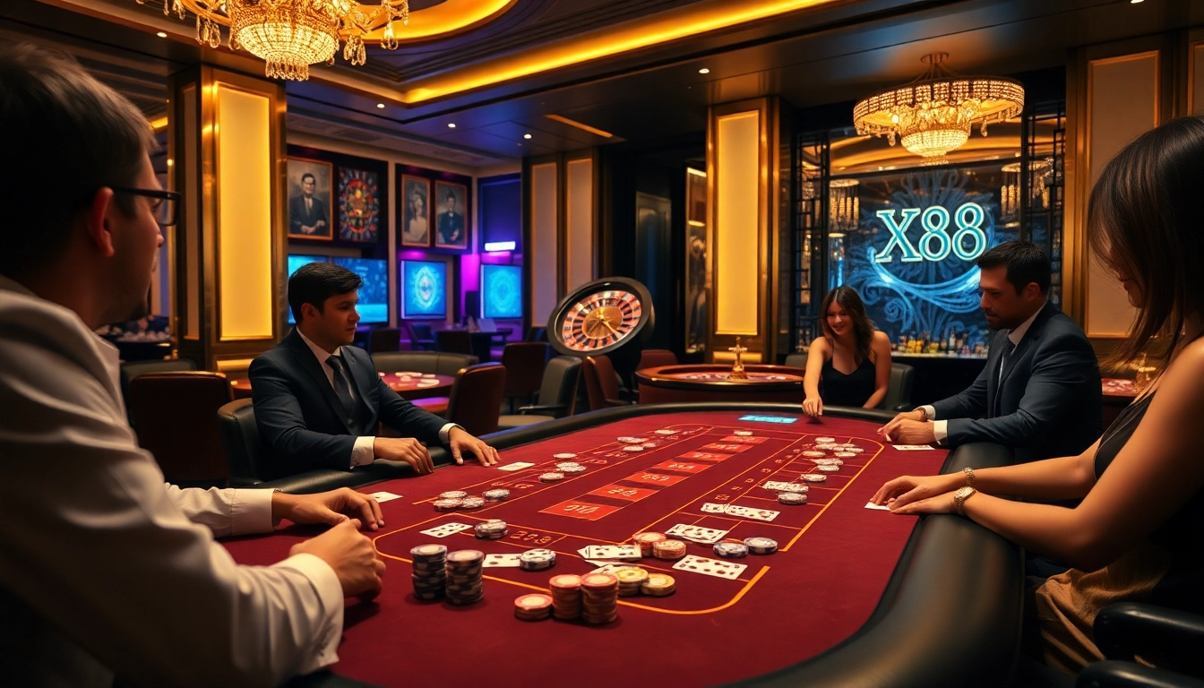 Players indulging in Baccarat at XX88 casino with vibrant chips and cards.
