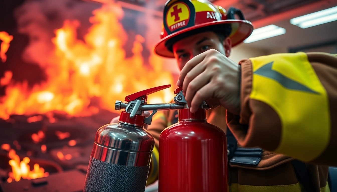 Demonstrating the PASS fire extinguisher technique in an emergency training setting.