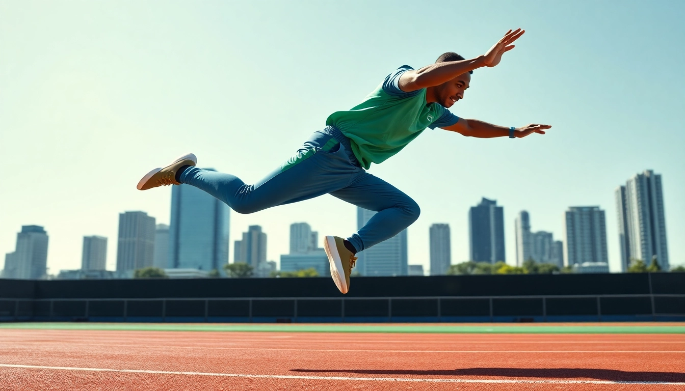 Showcasing agility, an athlete performs complex movements on an outdoor track against a city skyline.