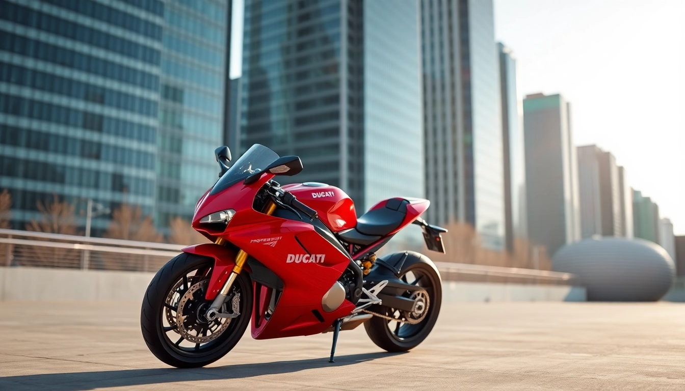 Verkauf einer Ducati auf https://moto-ankauf.de/ducati-verkaufen in modernem Stadtumfeld mit lebendigen Farben.
