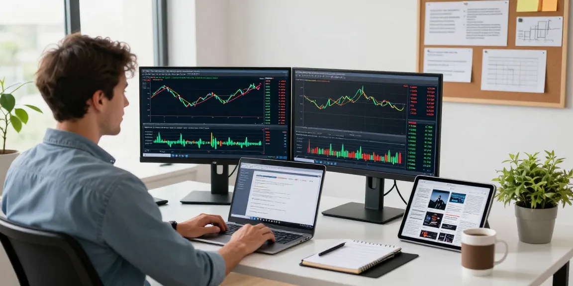 Trader analyzing mt4 charts in a modern workspace with multiple screens.