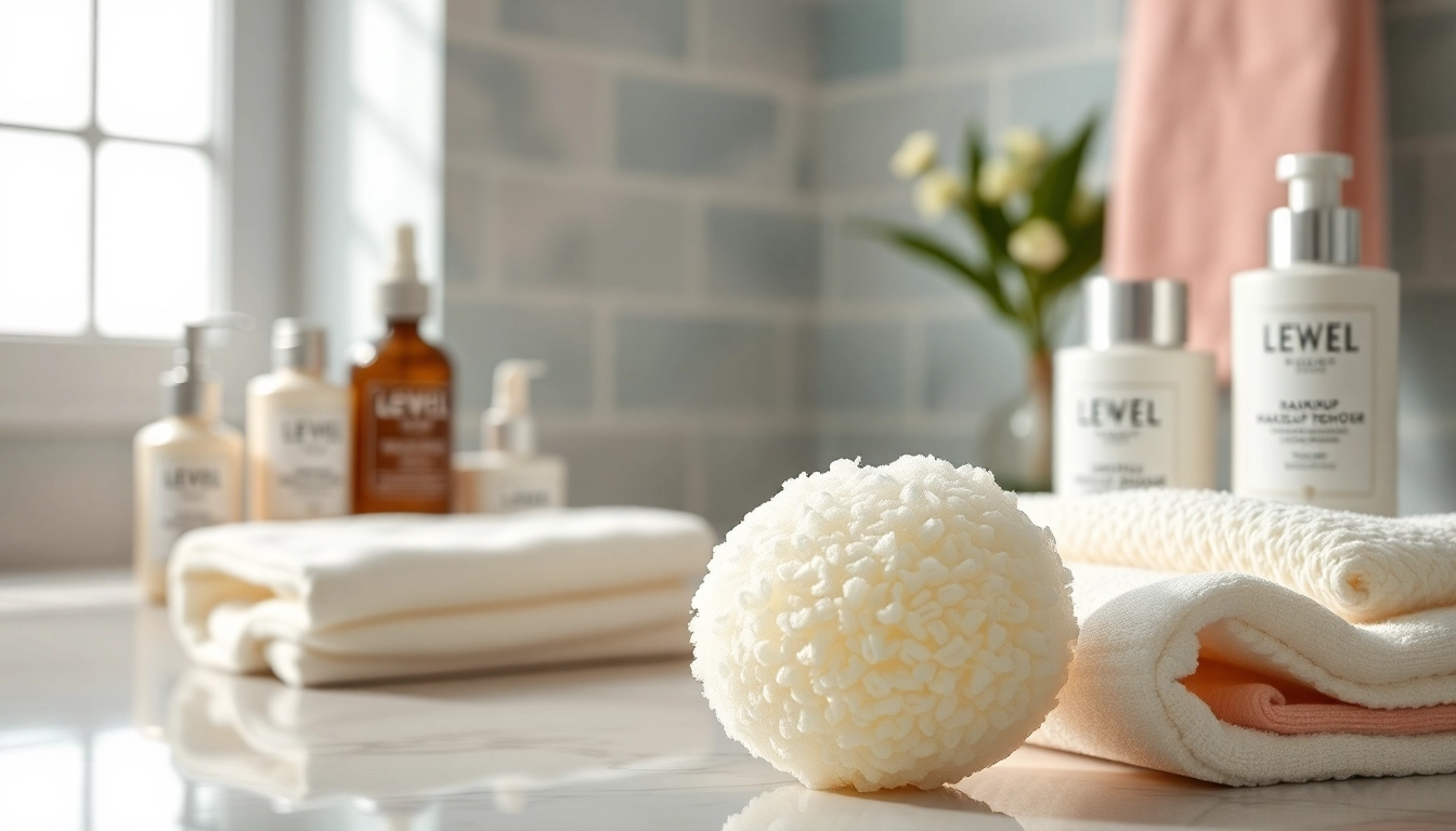 Use a makeup remover loofah to cleanse your skin effectively in a serene beauty setup.