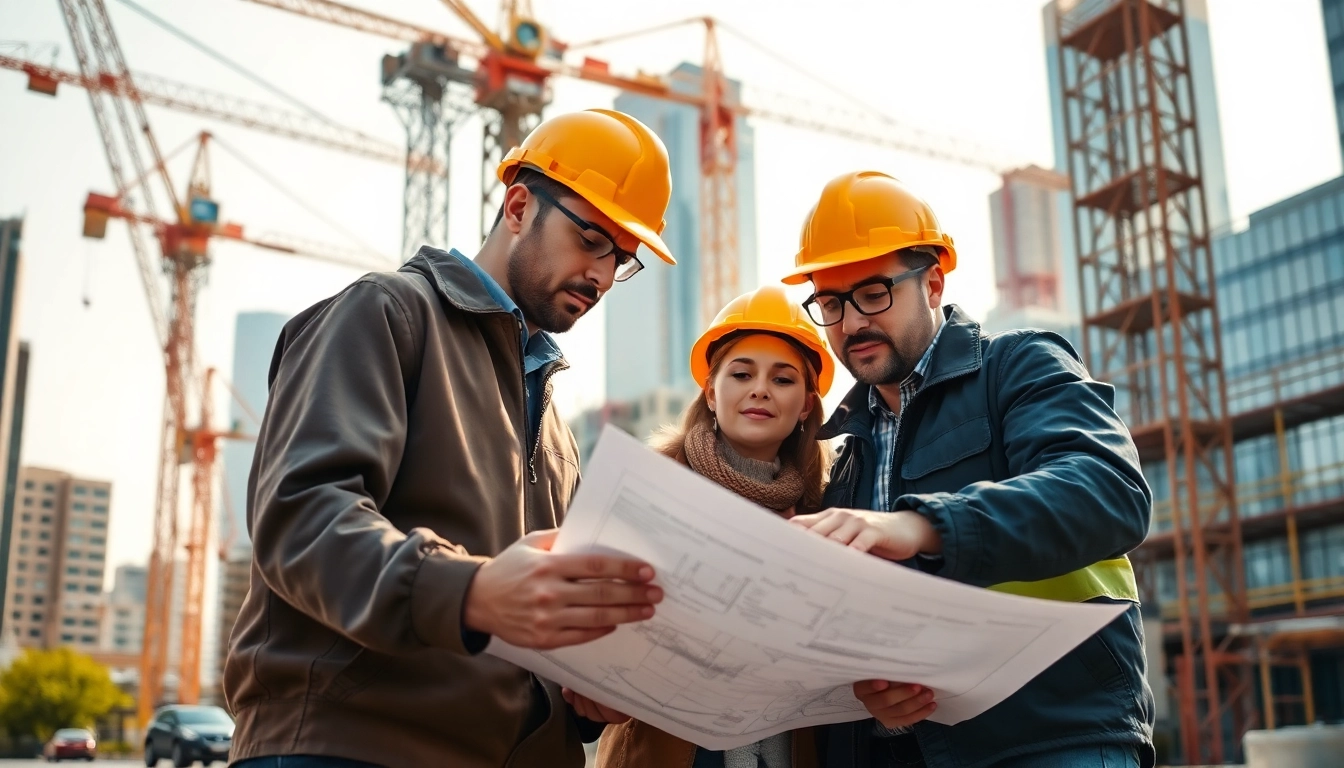 Construction membership association team working on plans amidst cranes and scaffolds.