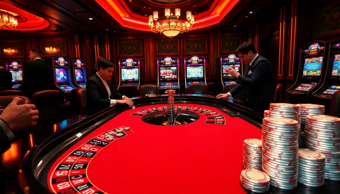 Découvrez l'énergie dynamique du meilleur casino en ligne avec des joueurs pariant avec enthousiasme à une table de roulette.