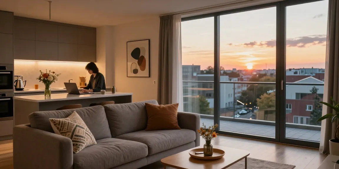 Komfortables Monteurzimmer in Hannover mit modernen Möbeln und urbanem Ausblick zur goldenen Stunde.