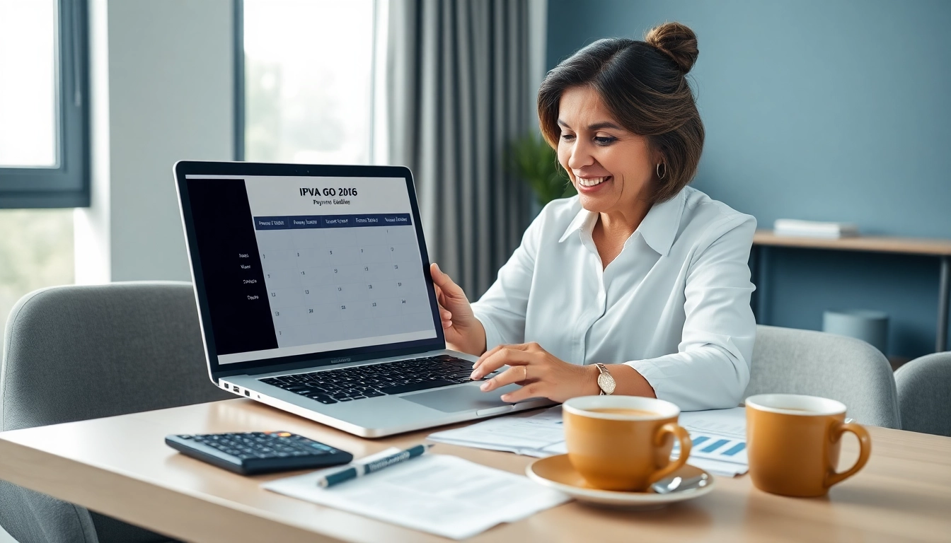 Accountant consulting IPVA GO 2026 digital calendar for vehicle tax deadlines.