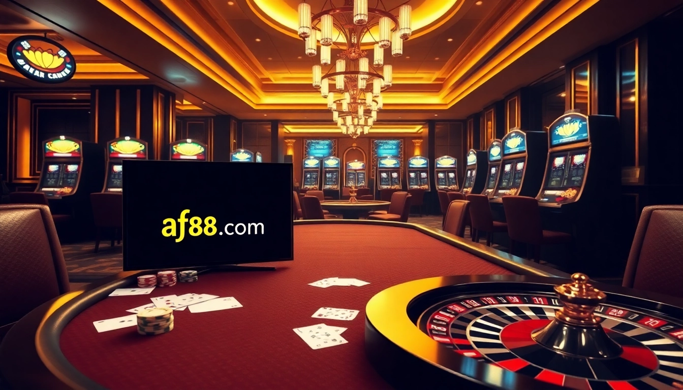 Exciting poker game and luxurious casino decor showcasing af88.com gaming experience.