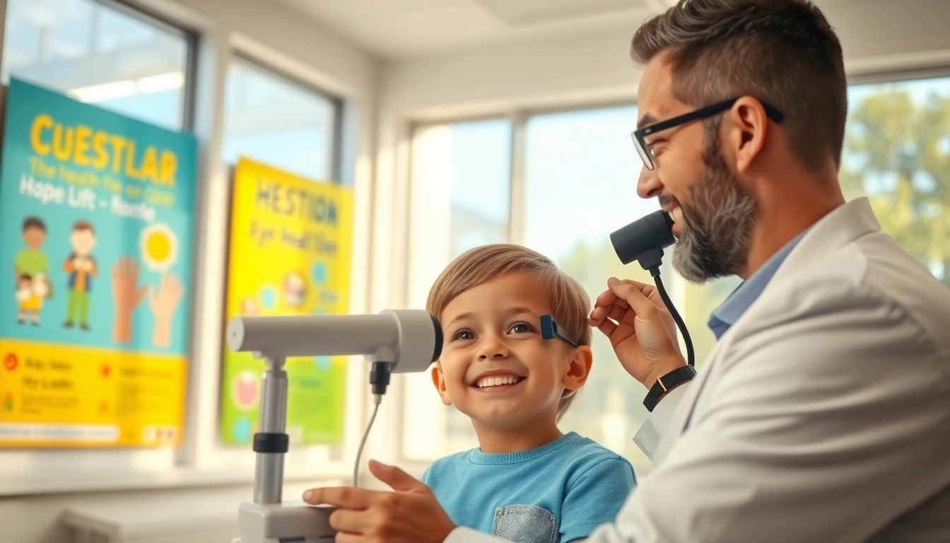 Helping a child during vision exam for Our Children's Vision initiative in an inviting clinic.