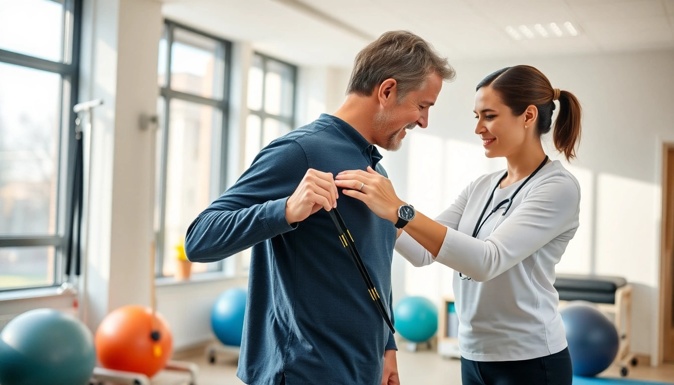 Engaged physiotherapy near me session in a bright clinic with a caring therapist and patient.