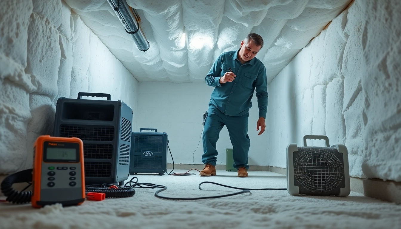 Crawl Space Restoration technician inspecting a clean space with tools for moisture control.