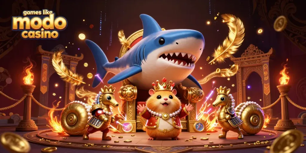 Engage with games like modo casino in this vibrant, energetic 3D illustration featuring a golden hamster king.