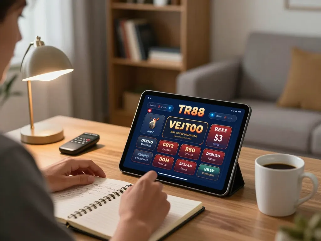 Player enjoying tr88 online gaming on tablet with strategic notes in cozy living room
