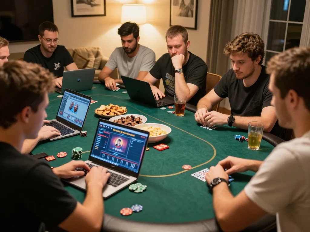 Experience the thrill of online poker at okwin with friends in a warm, inviting living room.