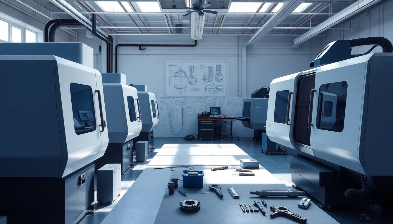 Custom part manufacturer workspace showcasing CNC machines and precise tools in action.