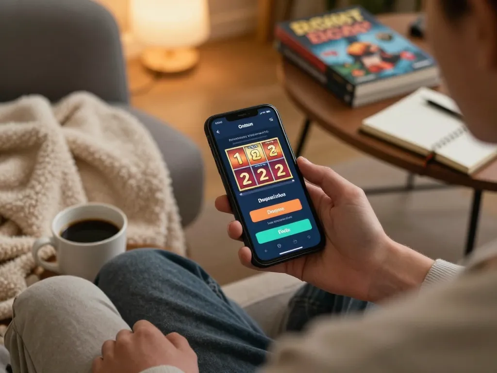 Engaging in strategic gameplay using slot deposit 2rb on a smartphone in a cozy home setting.