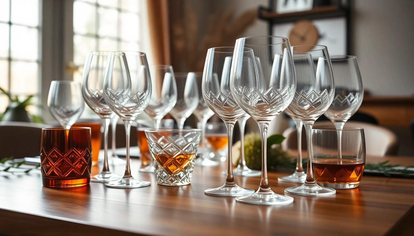 Showcase of exquisite glassware NZ, including wine and cocktail glasses on a stylish table.