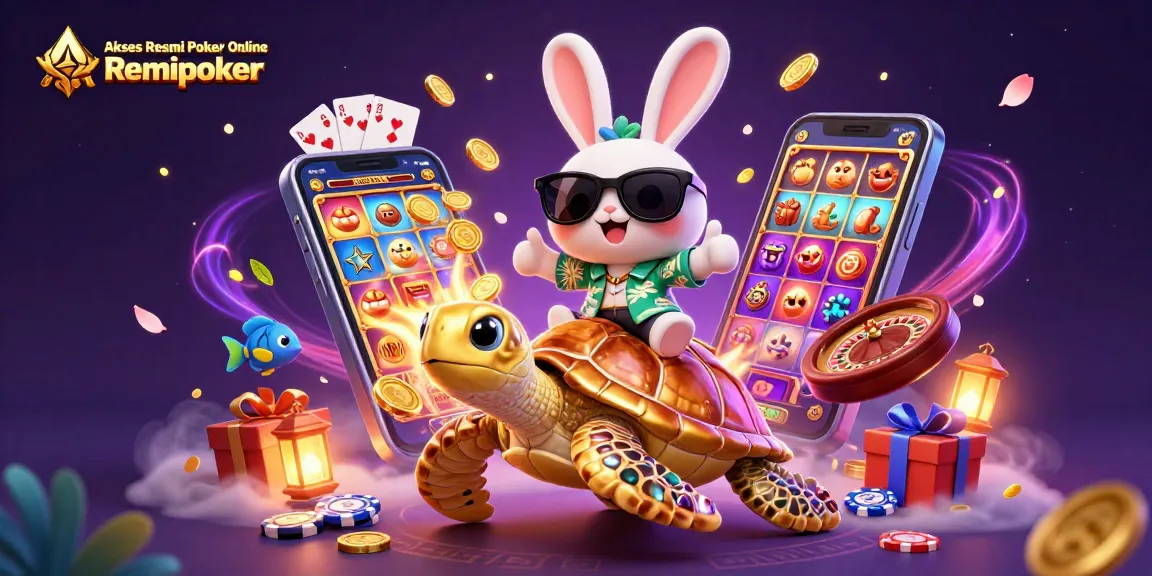Akses Resmi Poker Online Remipoker showcases a lively casino scene with cartoon rabbit and turtle, engaging and colorful.