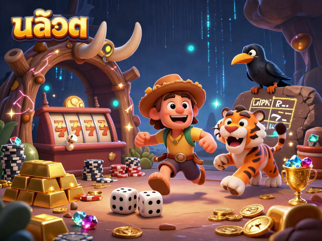 Spin the reels of สล็อต in this rich, dynamic casino scene filled with treasures and excitement.