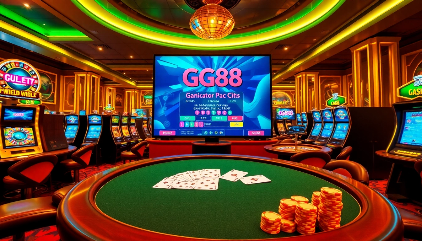 Experience GG88's thrilling online gambling ambiance with vibrant gaming elements and luxurious decor.