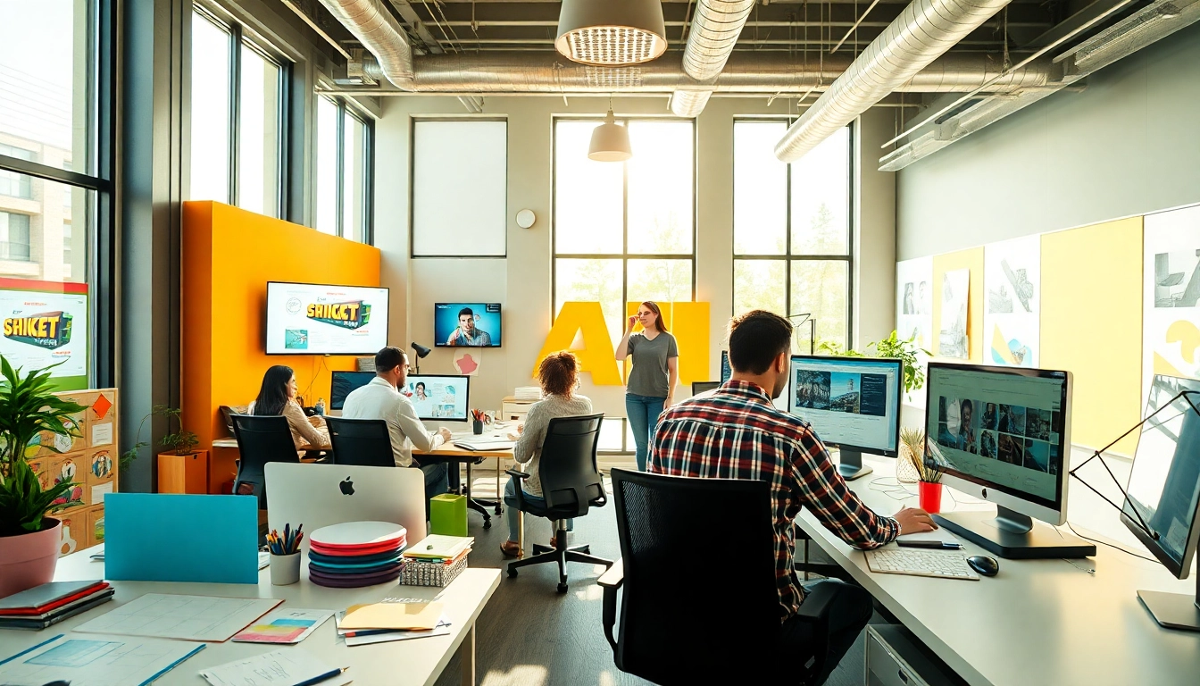Calgary sign company team designing vibrant signs in a bright workspace.