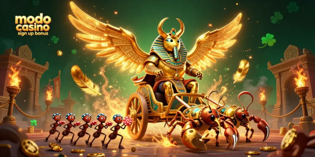 Claim your modo casino sign up bonus with enticing golden rewards in a vibrant casino scene.