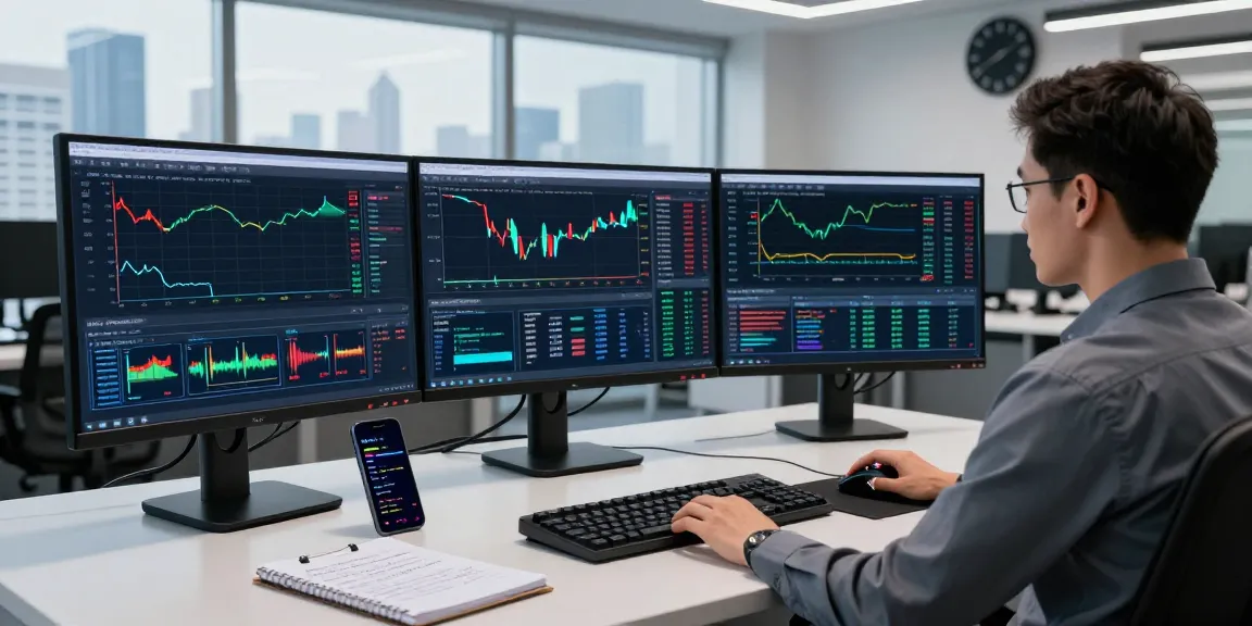 Trader using MetaTrader 5 on multiple monitors in a modern workspace for forex analysis.