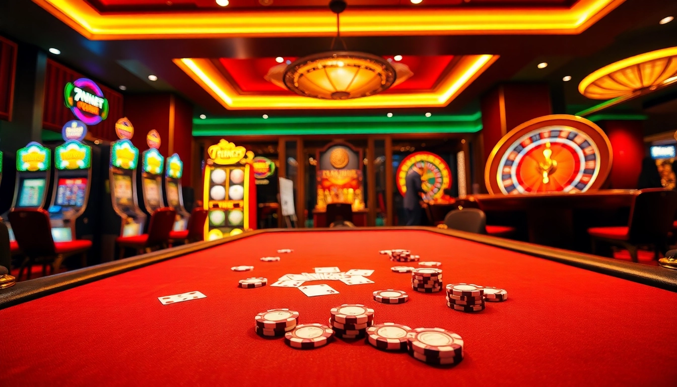 Engaging scene of professional gamblers at a vibrant 789BET đăng nhập poker table with glowing slot machines.