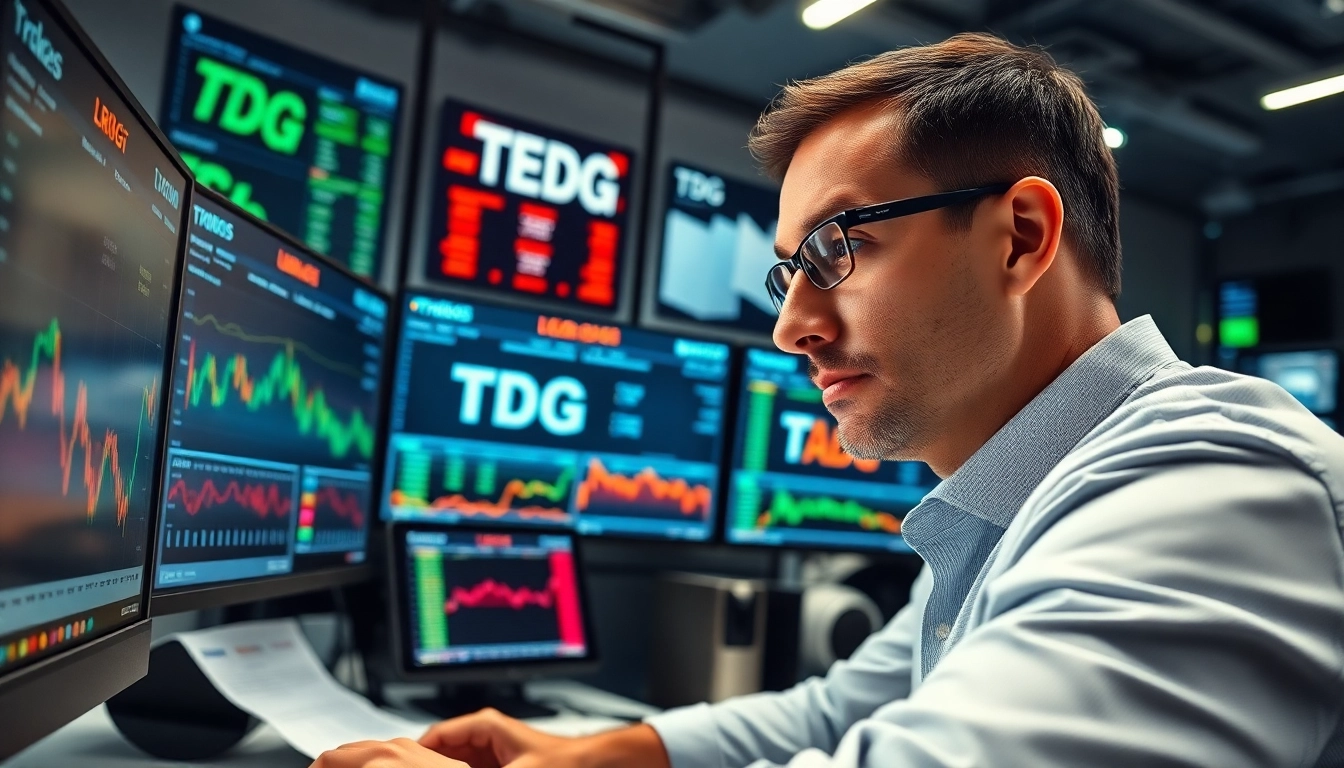 Trader focused on analyzing TDG stock price in a vibrant financial trading environment.