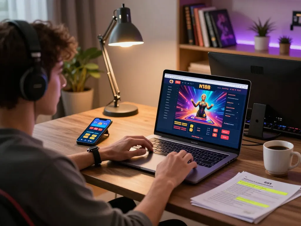 N188 online gaming setup with player engaged in strategic gameplay and cozy atmosphere