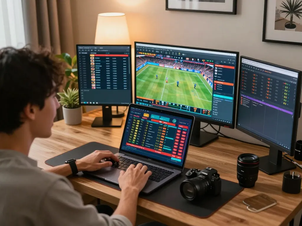 Engaging in live sports betting on rr88 from a cozy home office with real-time stats displayed.