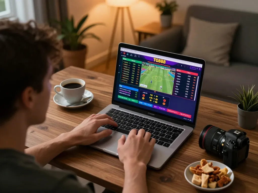 Player engaging with TG88 online betting platform from home, focusing on live sports odds and match updates