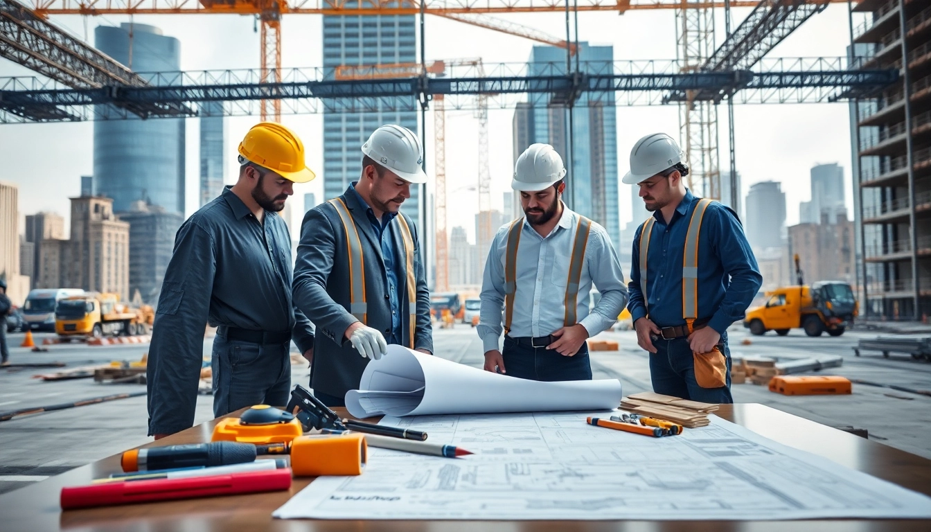 Illustration of construction advocacy with professionals collaborating on a building site.