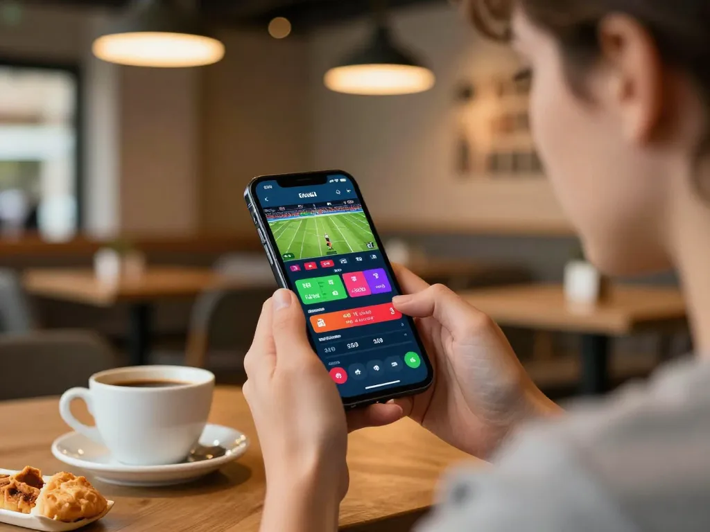 Bong da lu betting interface on smartphone showing live odds amidst a warm café setting
