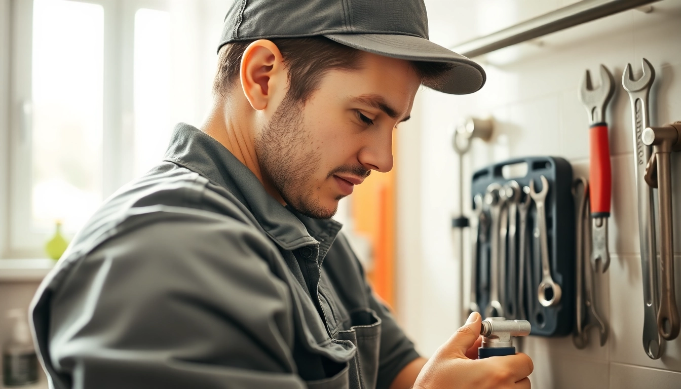 Local plumber performing a repair in a warm home environment, showcasing tools.