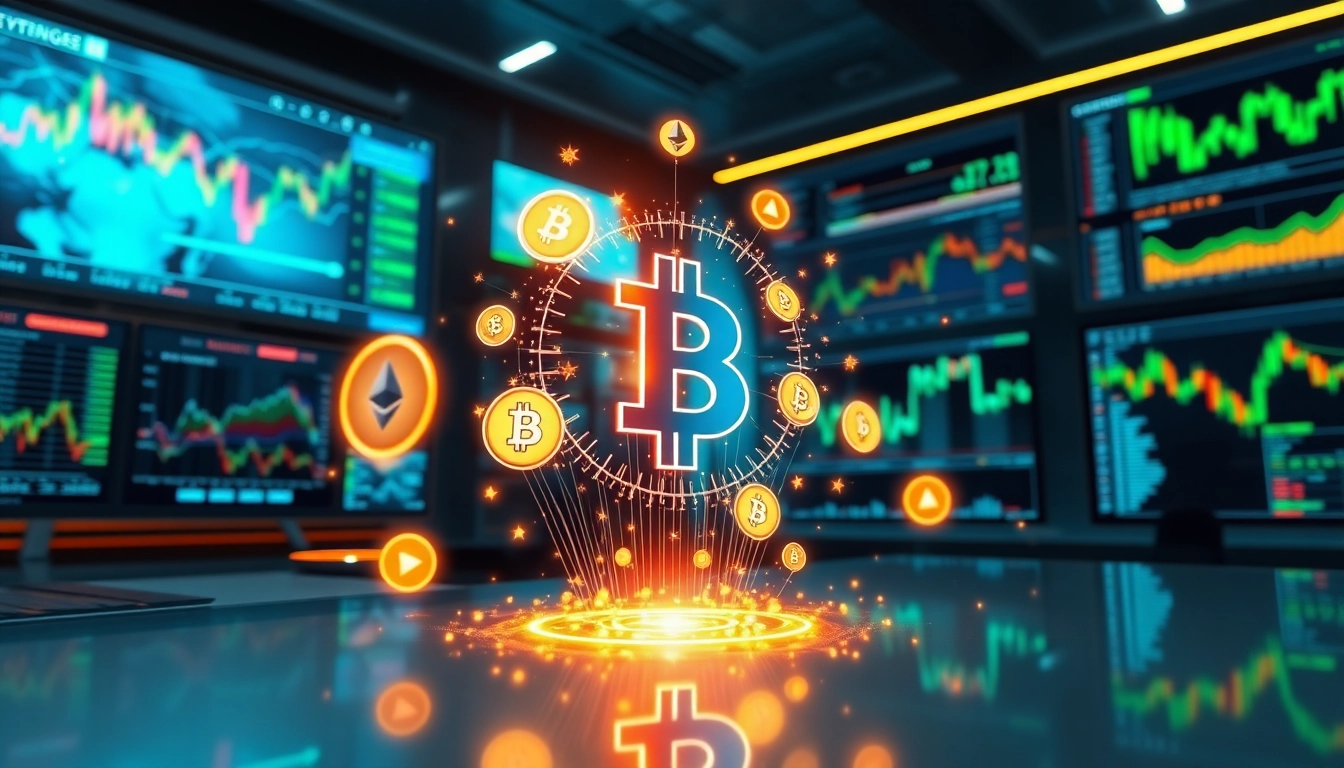 Dynamic representation of crypto trading symbols and market trends in a high-tech environment.