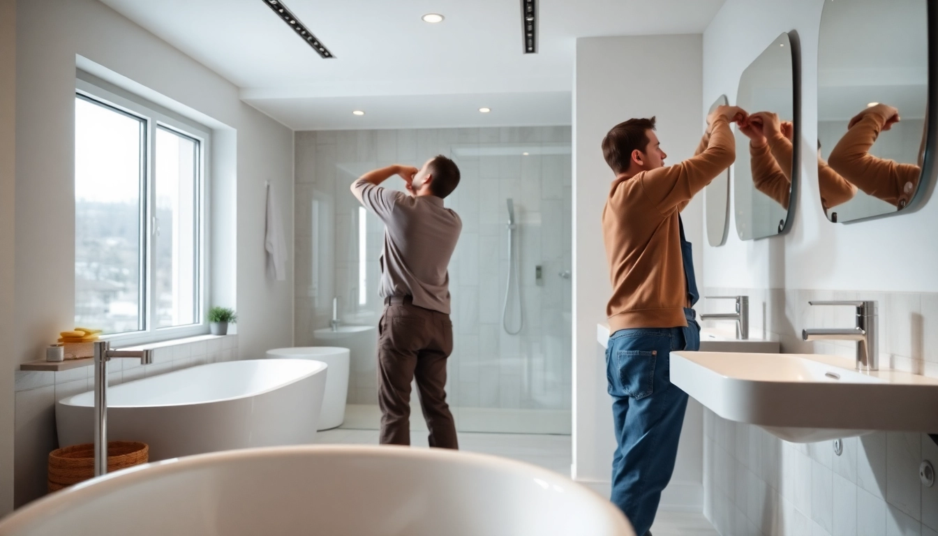 Professionals installing high-quality features by sonni sanitär GmbH in a modern bathroom setting.