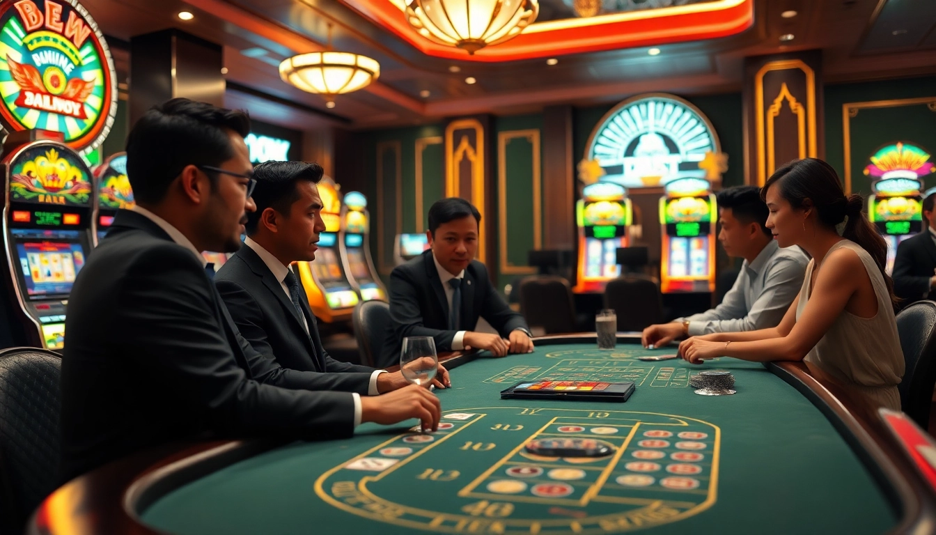 Experience the thrill of 8win malaysia with elegant casino gaming tables and vibrant slot machines.