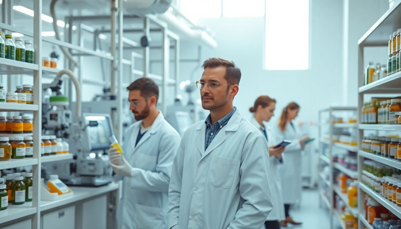 food supplement manufacturers uk in a modern lab with researchers analyzing products.