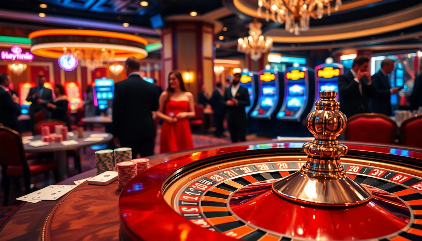 Experience the excitement of Hay88 with vibrant casino scenes showcasing roulette wheels and poker chips.