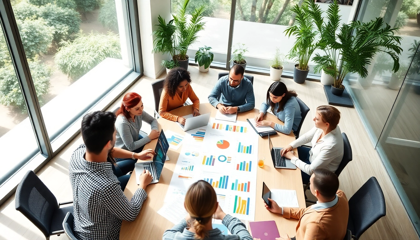 Engaged professionals strategizing marketing plans at https://fhpts.com in a modern office setting.