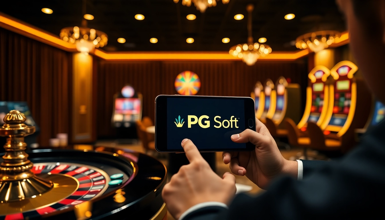Engaging in thrilling PG Soft games at a luxurious casino with vibrant slot machines.