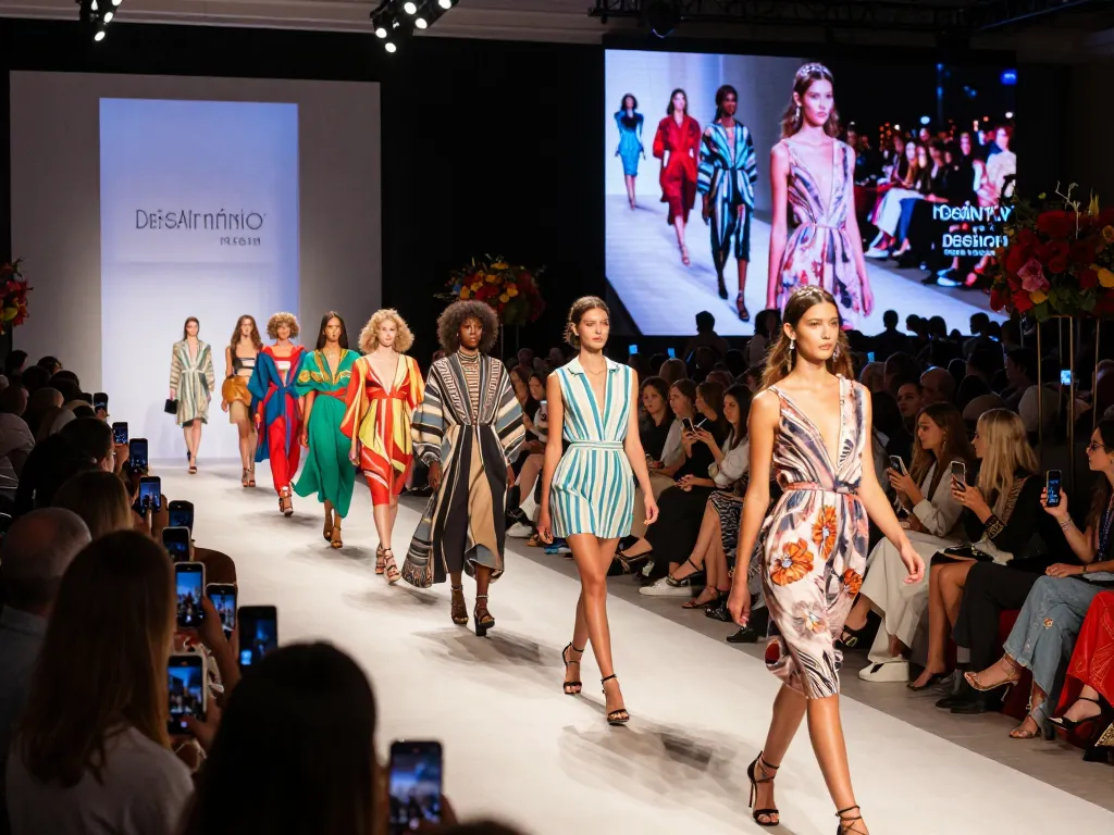 Dynamic runway show featuring diverse models in designer outfits under bright lights, capturing the essence of modern fashion.