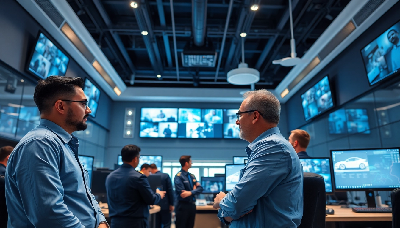 Security Company team monitors surveillance systems in a modern control room, showcasing professionalism.