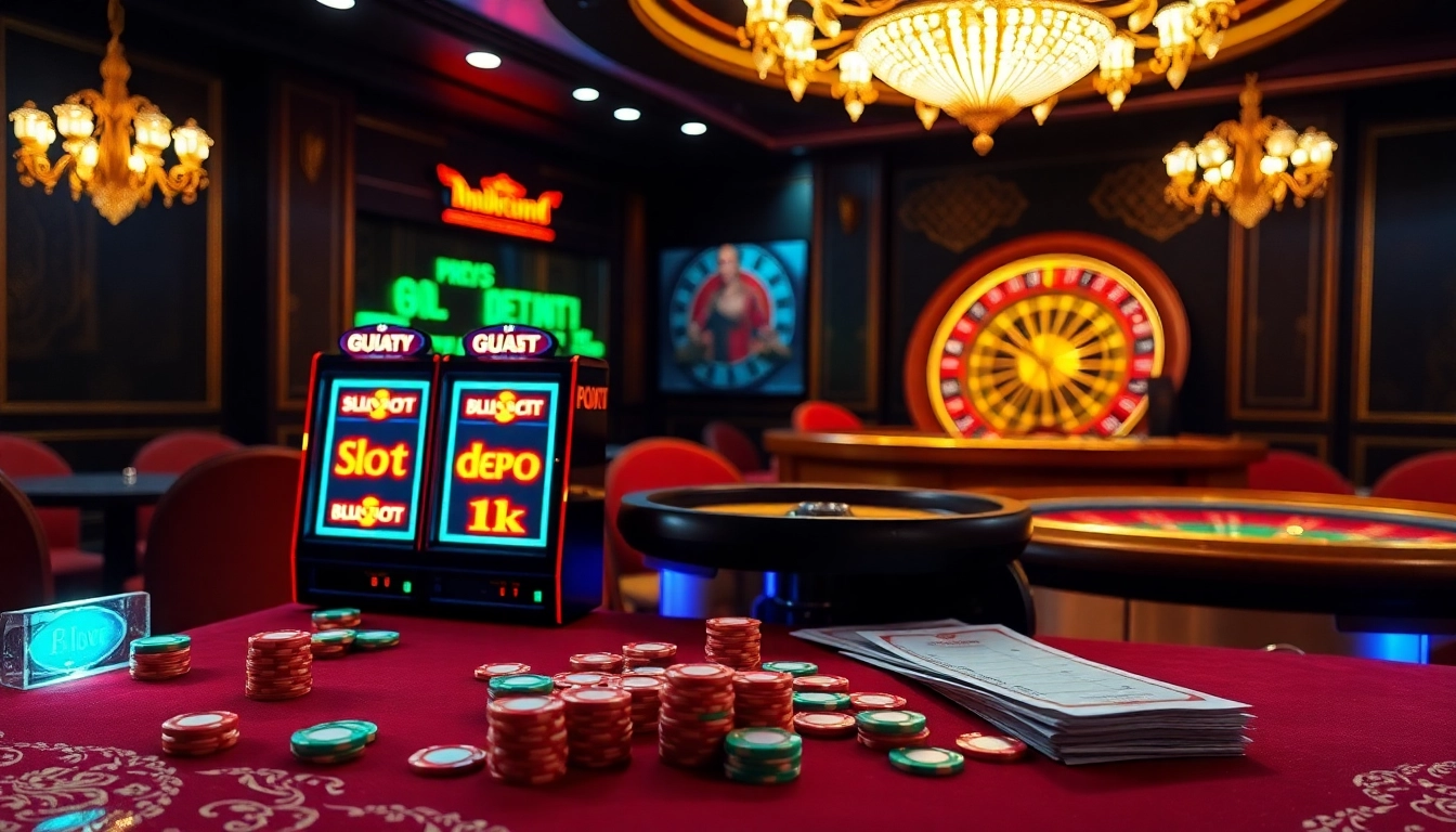 Engage in thrilling slot depo 1k action at a luxurious online casino with vibrant machines and colorful chips.